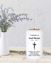 Modernes Kreuz ➥ Gedenkkerze mit Teelichthalter 